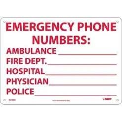 National Marker Safety Signs Notice Signs; Emergency Phone Numbers Ambulance, Fire.., 10X14, Rigid Plastic