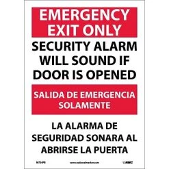 National Marker Traffic Warning Signs Emergency Exit Security Alarm Will Sound If Door Is Opened, Bilingual, 14X10, Adhesive Vinyl
