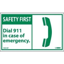 National Marker Safety Labels & Tags Safety First Information Labels; Dial 911 In Case Of Emergency (Graphic), 3X5, Adhesive Vinyl, 5/Pk