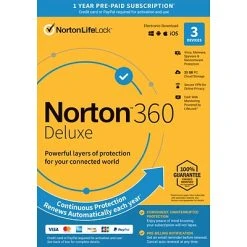 Anti-Virus And Security Software Norton 360 Deluxe For 1 User, Windows/Mac/Android/iOS, Product Key Card (21392065)