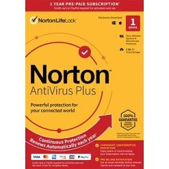 Anti-Virus And Security Software Norton AntiVirus Plus For 1 Device, Windows/Mac, Product Key Card (21392074)