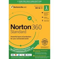 Anti-Virus And Security Software Norton 360 Standard For 1 Device, Windows/Mac/Android/iOS, Product Key Card (21392075)