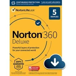 Anti-Virus And Security Software Norton 360 Deluxe For 5 Devices, Windows/Mac/Android/iOS, Download (21390623)