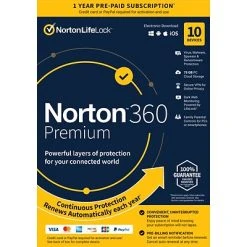 Anti-Virus And Security Software Norton 360 Premium 10 Device, Windows/Mac/Android/iOS, Product Key Card (21392060)
